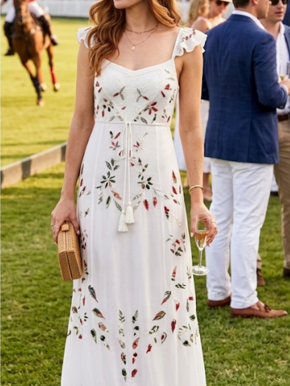 FARM Rio White Embroidered Maxi Dress with Tassel Tie